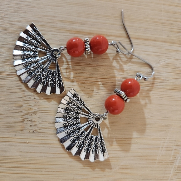 Jewelry - Hand Crafted Silver Fan and Orange Bead Pierced Earrings